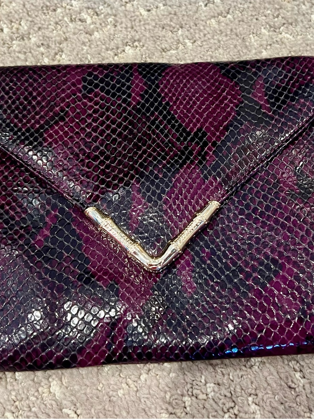Elaine Turner Plum Snakeskin Envelope Clutch with Gold V Accent